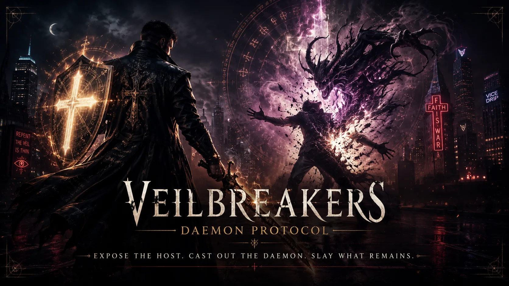 Veilbreakers: Daemon Protocol key art — a hunter raising a glowing cross toward a daemon tearing free above a red-lit street