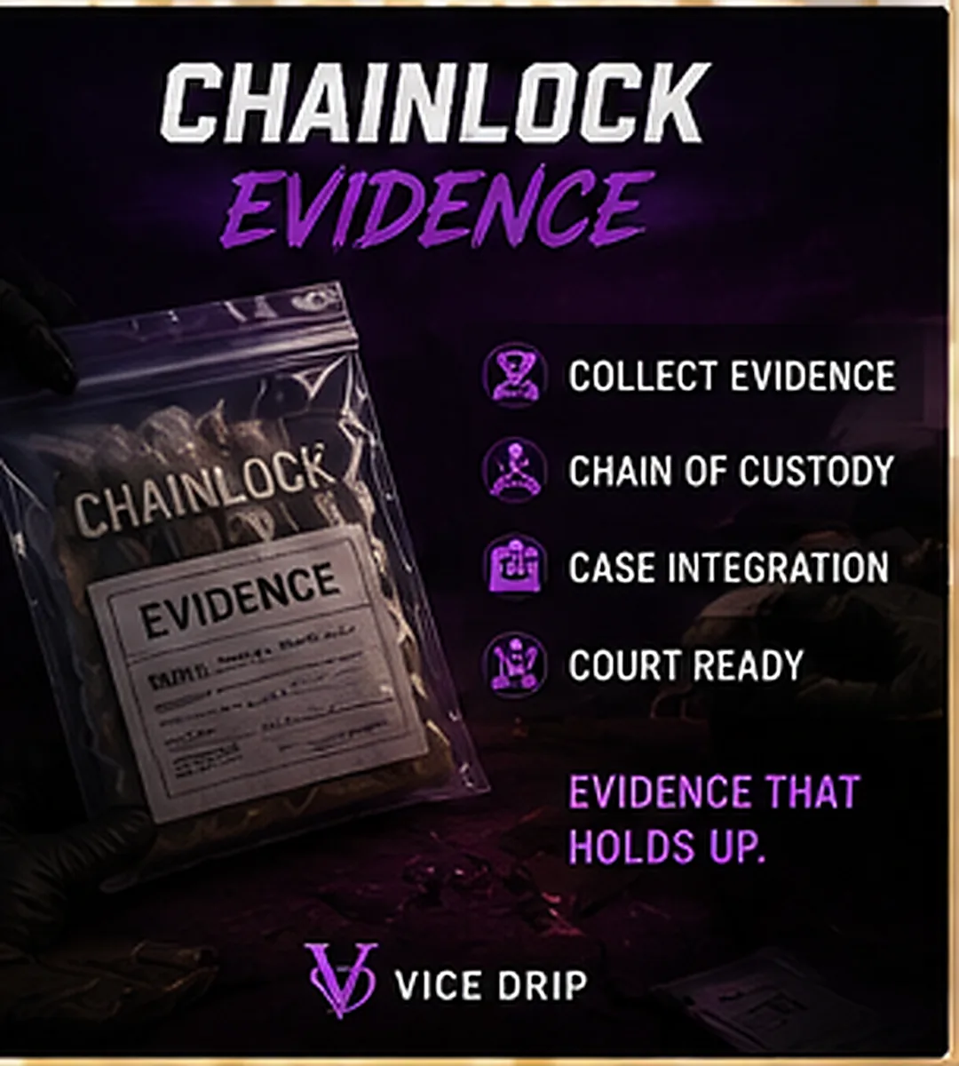 ChainLock Evidence poster — a gloved hand holding a sealed evidence bag under purple light