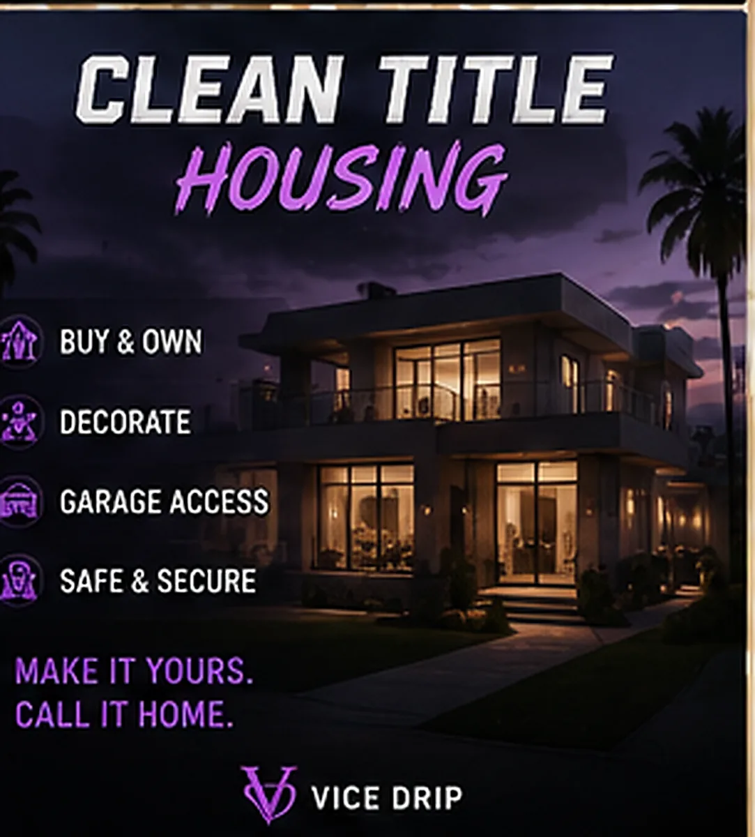 CleanTitle Housing poster — a modern lit villa at dusk between palms, purple accents