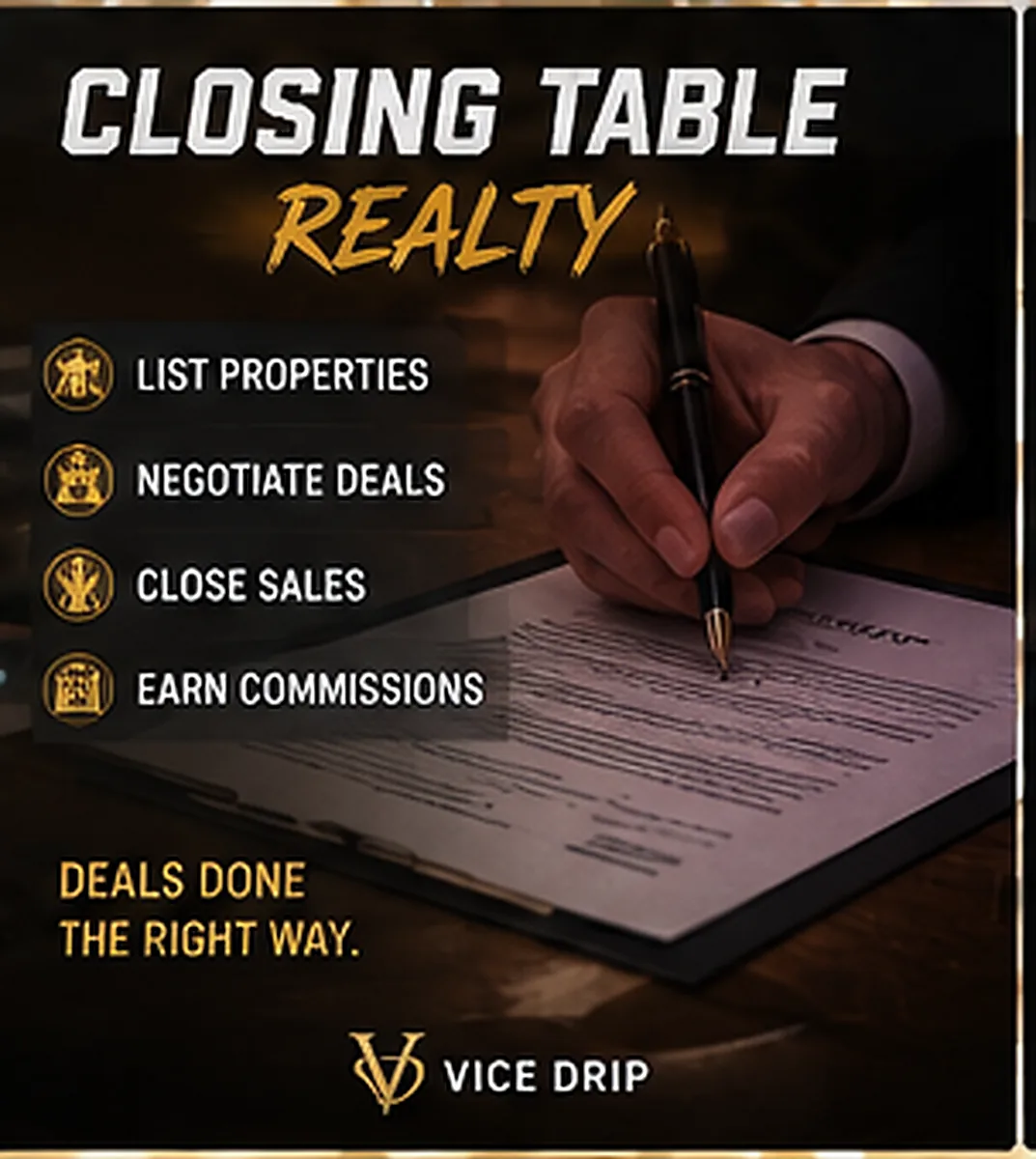 ClosingTable Realty poster — a fountain pen signing a property contract, gold accents