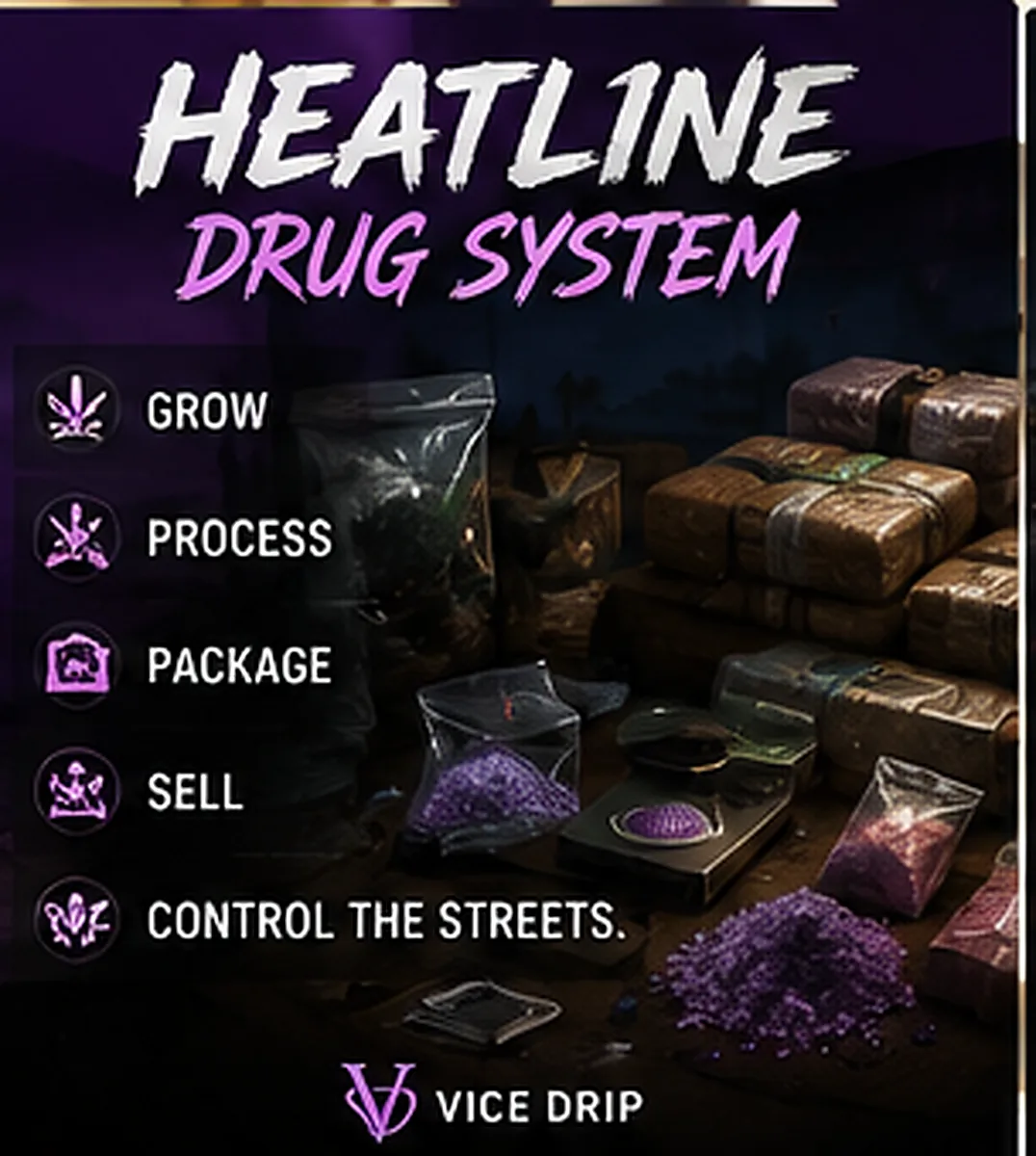 Heatline Drug System poster — a purple-lit table of wrapped packages and scales: grow, process, package, sell