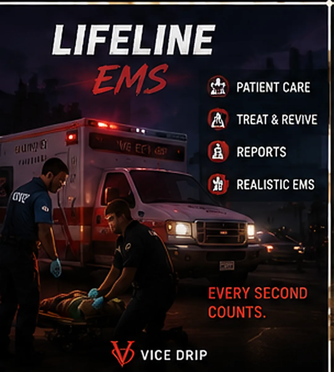 LifeLine EMS poster — medics working a stretcher behind an ambulance at night, red accents