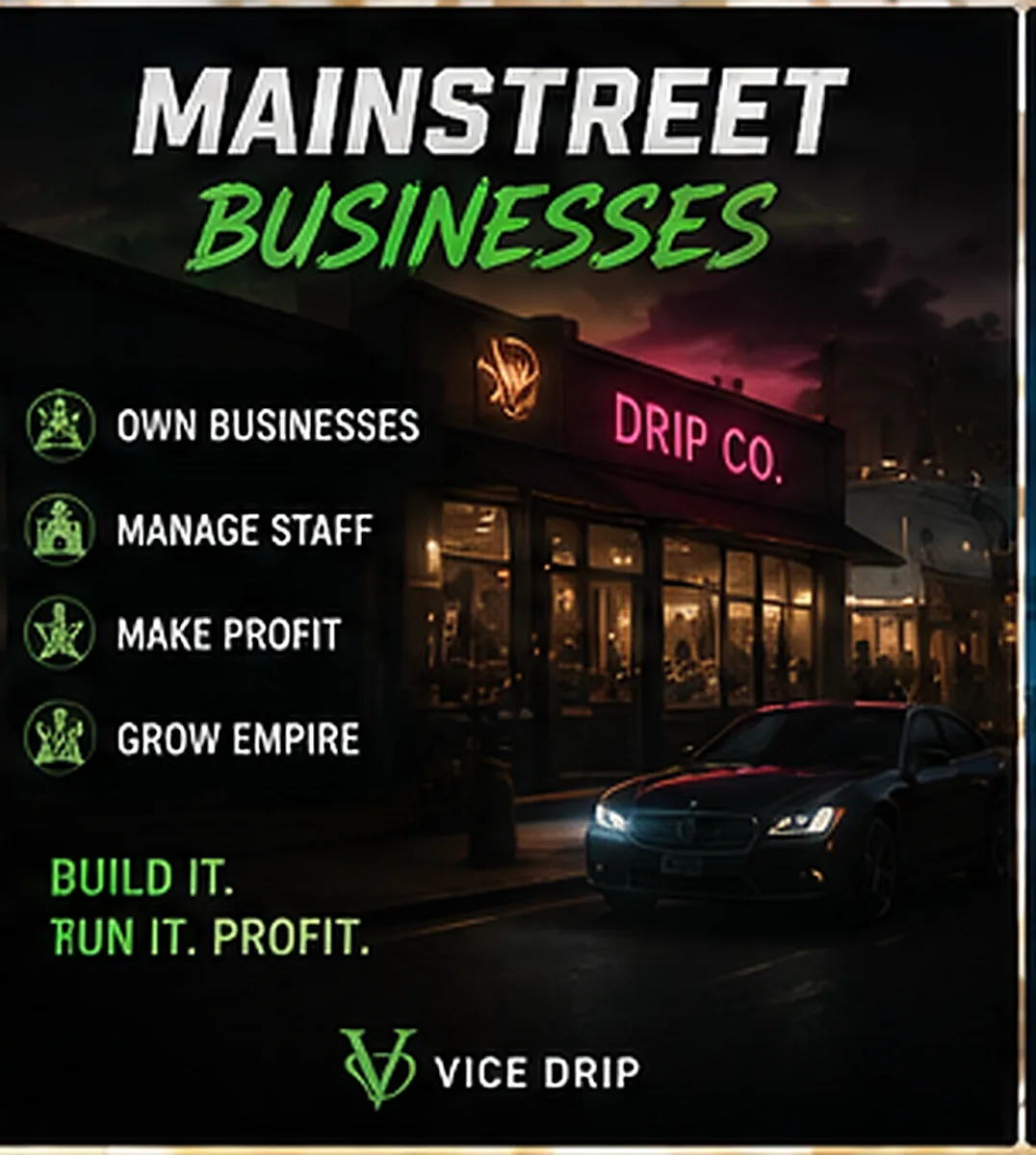 MainStreet Businesses poster — the DRIP CO. storefront glowing on a rainy night street
