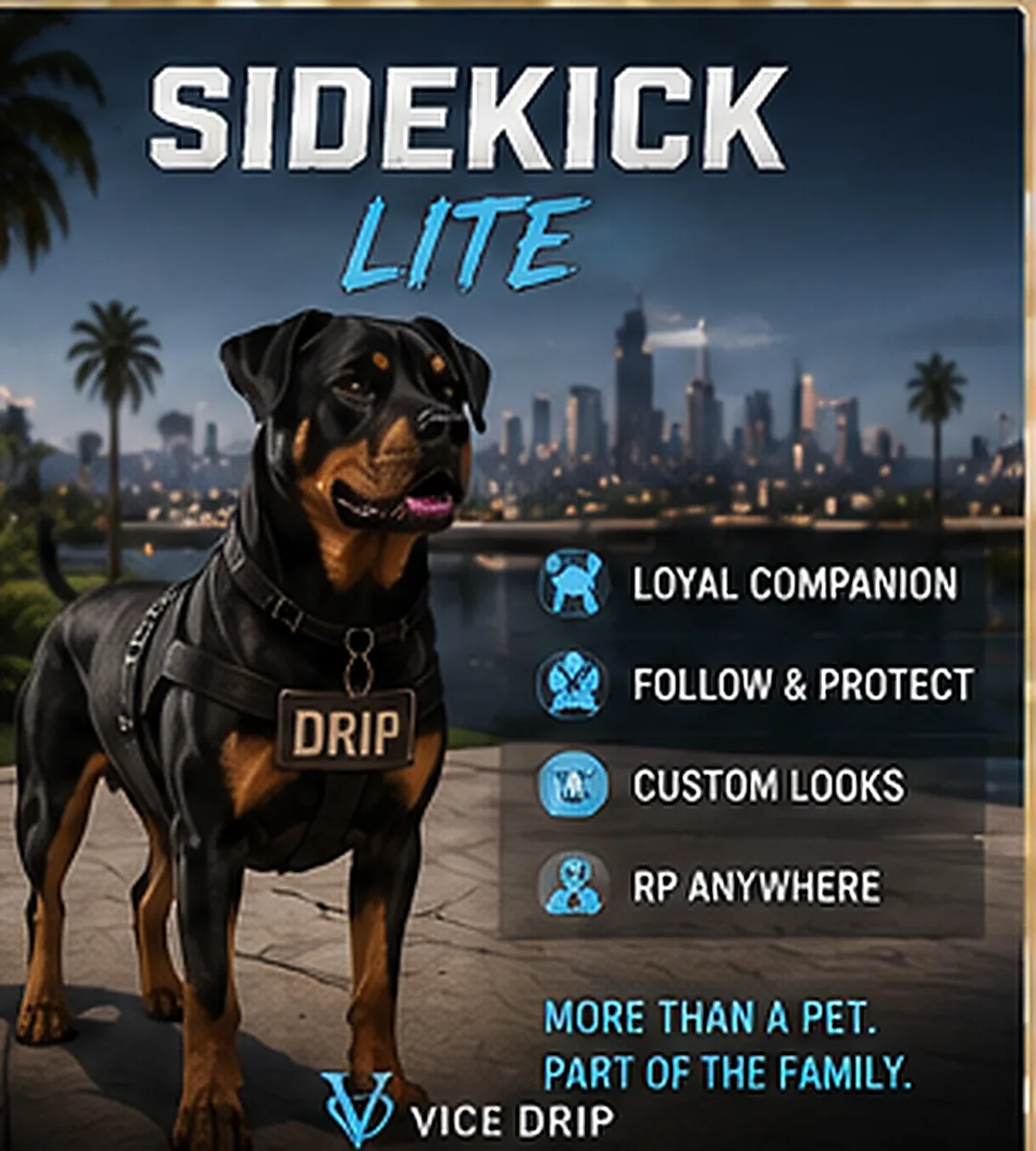 Sidekick Lite poster — a rottweiler in a DRIP harness with the city skyline behind