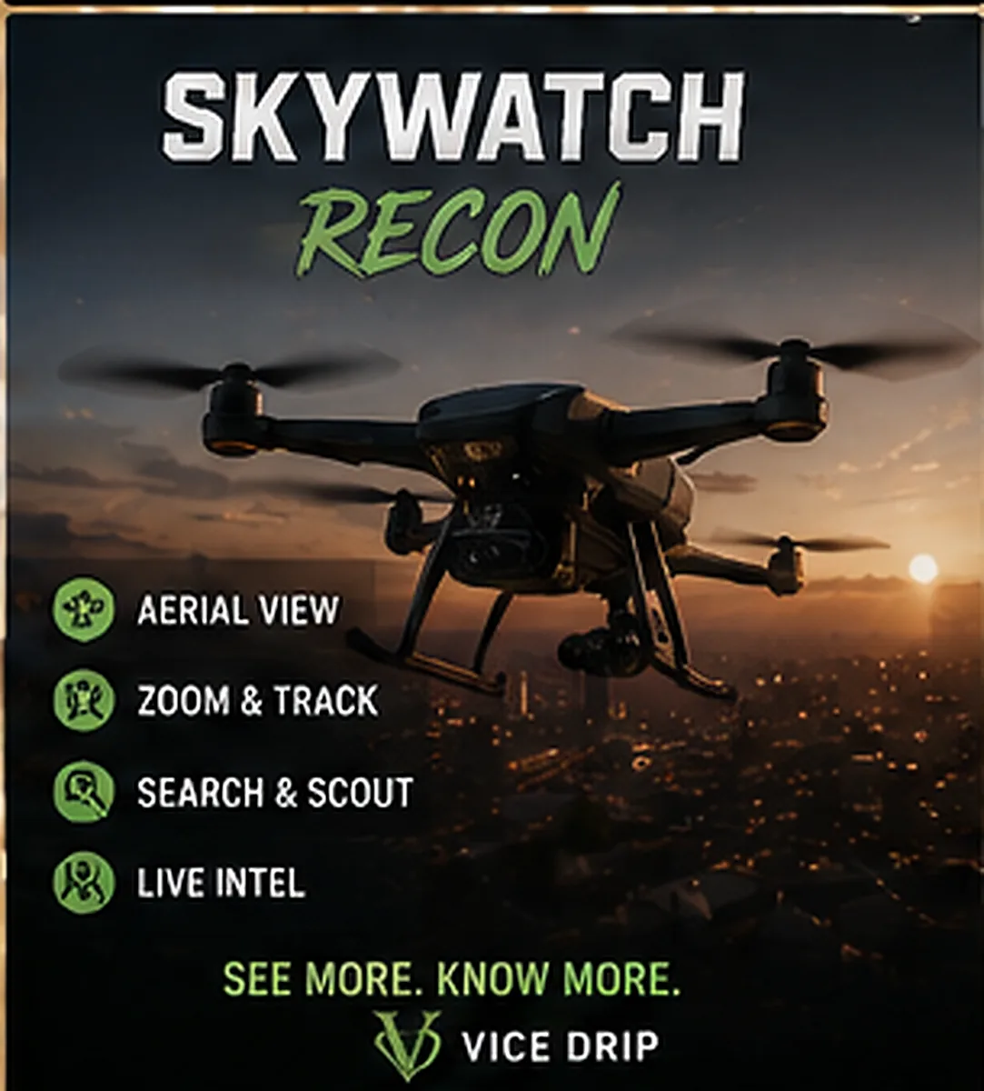 SkyWatch Recon poster — a quadcopter drone over the city at sunset, green accents