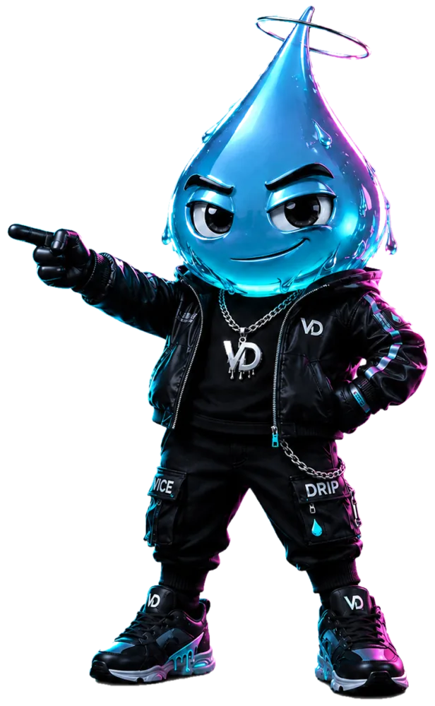 Vice Drip mascot pointing beside a blue glow